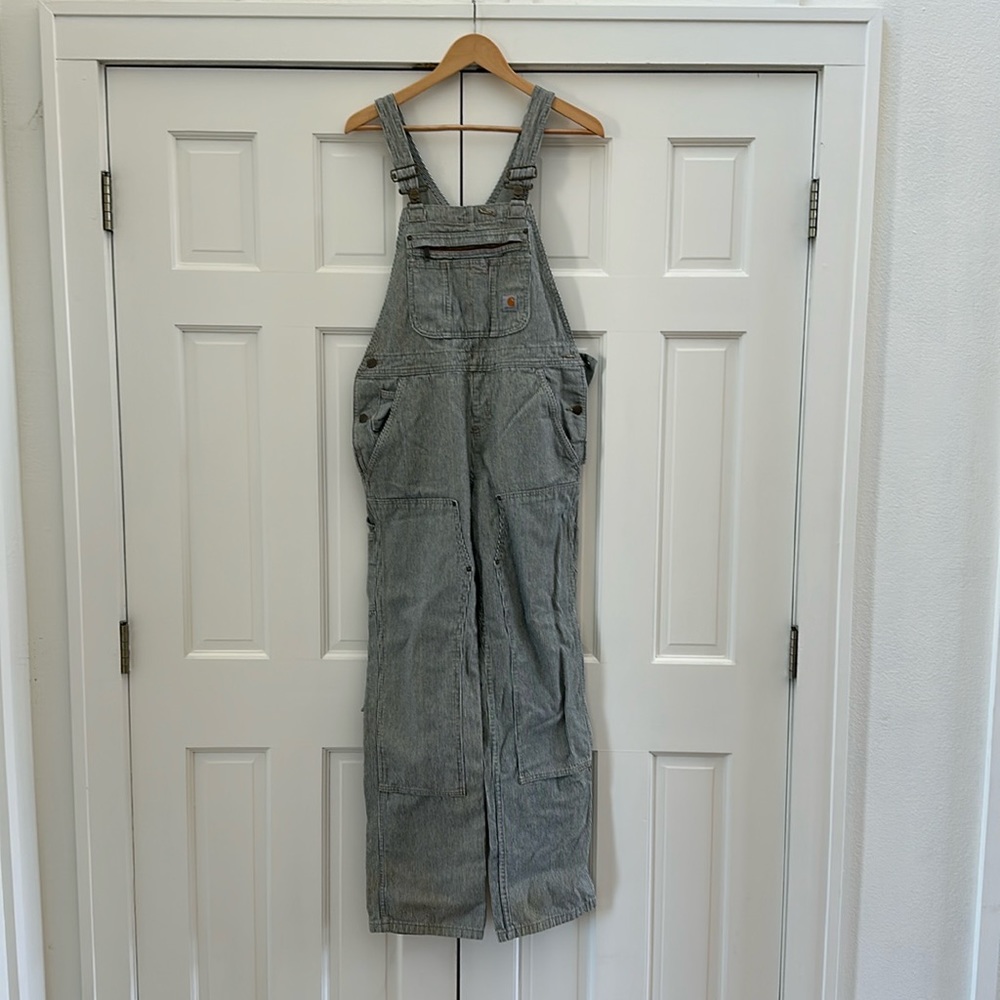 Blue pinstriped overalls